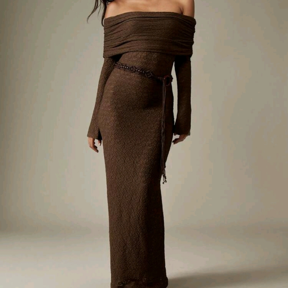 Off Shoulder Ruched Bodycon Evening Gown Long Sleeve Textured Knit Fall Dress - Picture 4 of 5